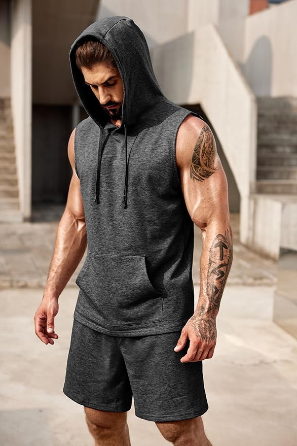 COOFANDY Mens Sleeveless Workout Hoodie Shorts Set 2 Piece Outfits Hooded Tank Tops Gym Tracksuit Sweatsuits