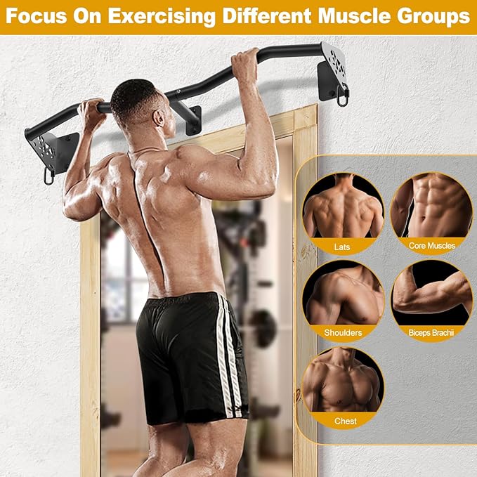 Kipika Wall Mounted Pull Up Bar - Heavy Duty 450 LB Capacity Doorway Chin Up Bar for Home Gym, Sturdy Steel Construction with Resistance Band Hooks | Hanging Exercise Bar for Full Body Workout
