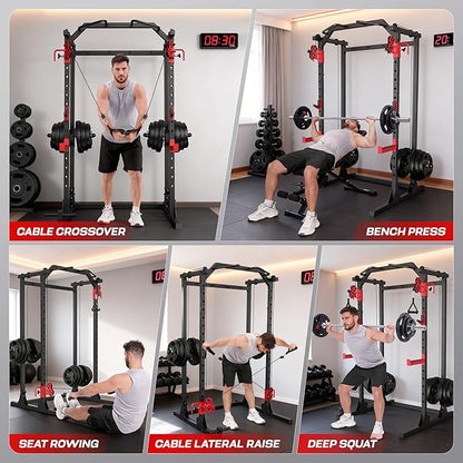 Power Cage with Dual Cable Crossover System, 2000LBS Heavy Duty Squat Rack with Independent Pulleys for Full Body Workout, All-in-One Home Gym Equipment,Compact 13.26 Sq Ft for Garage & Basement