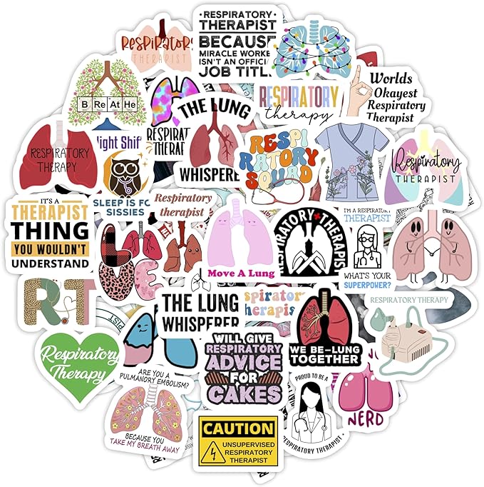 BulbaCraft 100Pcs Respiratory Therapist Stickers, RT Sticker for Water Bottle and Laptop - Respiratory Therapy Party Supplies & Decorations, Lung Waterproof Vinyl Medical Decals, Gifts for Women & Men