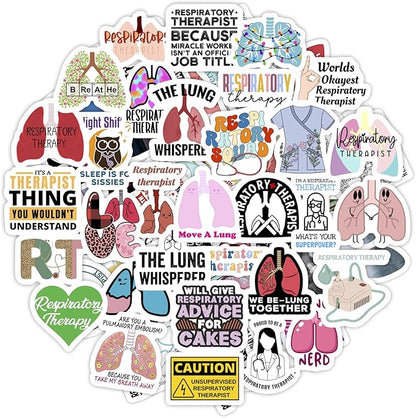 BulbaCraft 100Pcs Respiratory Therapist Stickers, RT Sticker for Water Bottle and Laptop - Respiratory Therapy Party Supplies & Decorations, Lung Waterproof Vinyl Medical Decals, Gifts for Women & Men