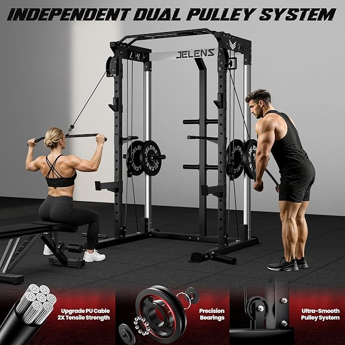 C21 Power Cage, 2000LBS Multi-Function Power Rack with Independent Dual Pulley System, All-in-One Squat Rack for Cable Crossover, Home Gym Workout Machine