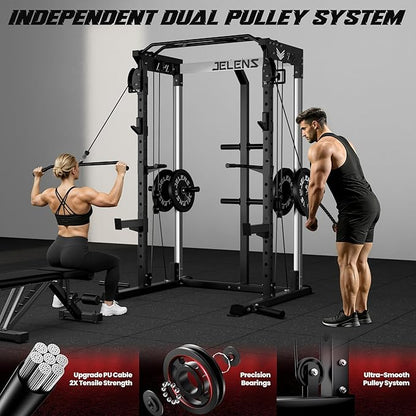 C21 Power Cage, 2000LBS Multi-Function Power Rack with Independent Dual Pulley System, All-in-One Squat Rack for Cable Crossover, Home Gym Workout Machine