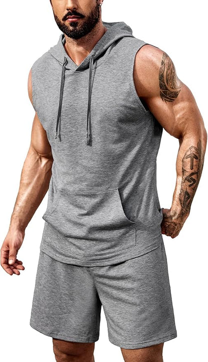 COOFANDY Mens Sleeveless Workout Hoodie Shorts Set 2 Piece Outfits Hooded Tank Tops Gym Tracksuit Sweatsuits