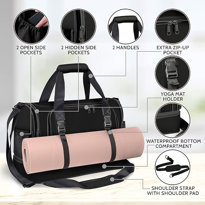 Black Small Gym Bag for Women and Men with Shoe Compartment, Sports Gym Tote Bag with Yoga Mat Holder, Waterproof Travel Duffel Weekender Workout Bag, Carry on Bag for Airplanes with 8 Pockets