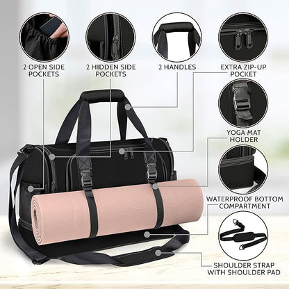 Black Small Gym Bag for Women and Men with Shoe Compartment, Sports Gym Tote Bag with Yoga Mat Holder, Waterproof Travel Duffel Weekender Workout Bag, Carry on Bag for Airplanes with 8 Pockets