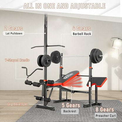 Foldable 1500LBS 8 IN 1 Olympic Weight Bench Set with Squat Rack, Leg Extension/Curl & Preacher Curl, Adjustable Bench Press Set with Safety Bar Catches for Home Gym Full Body Workout