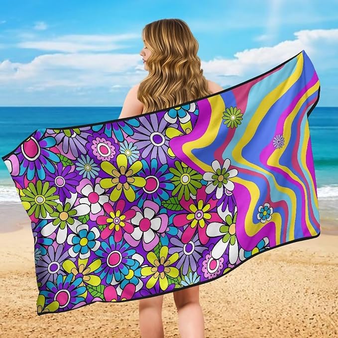 Bulopur Hippie Floral Beach Towel Car Seat Covers Front Seats Breathable Sweat Towel Car Seat Cover for Post Gym Workout Surfing Swimming Running Yoga Blankets