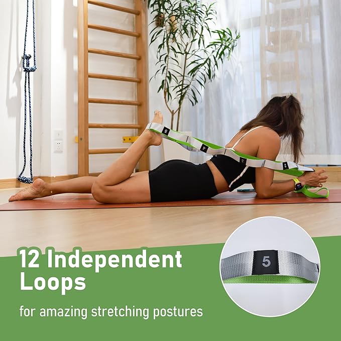 Stretch Bands for Exercise, Non Elastic Yoga Stretching Strap with Loops, 3.8cm x 2.45m, Stretching Bands for Physical Therapy, Yoga, Pilates, Dance, Gymnastics Exercise