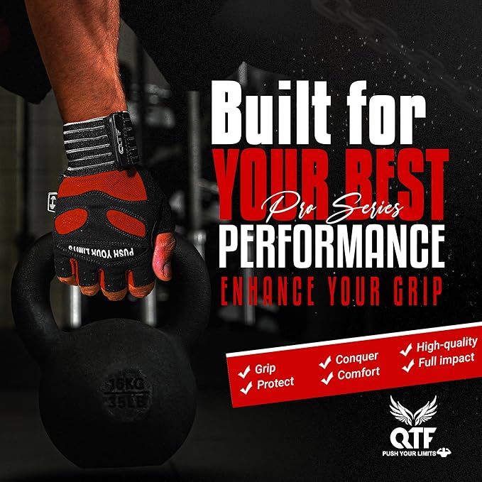 QTF Weight Lifting Gym Workout Gloves with Long Wrist Strap, Fingerless Gym Gloves for Men & Women, Full Palm Protection, for Weightlifting, Training, Fitness, Hanging