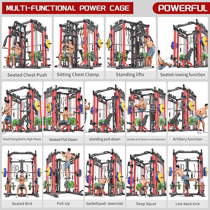 Multi-Purpose Squat Rack,Smith Machine Weight Rack Set with Cable Crossover System, Home Gym Power Racks, Power Racks and Packages