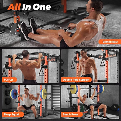 FEIERDUN FLA01 Power Cage Multi Function Squat Rack with Cable Crossover System,2000LBS Capacity with LAT Pulldown,10-in-1 Home Gym
