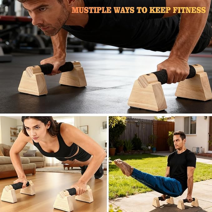 Parallettes Push Up Bar, Calisthenics Strength Training Equipment for Home, Wooden Pushup Handles for Floor