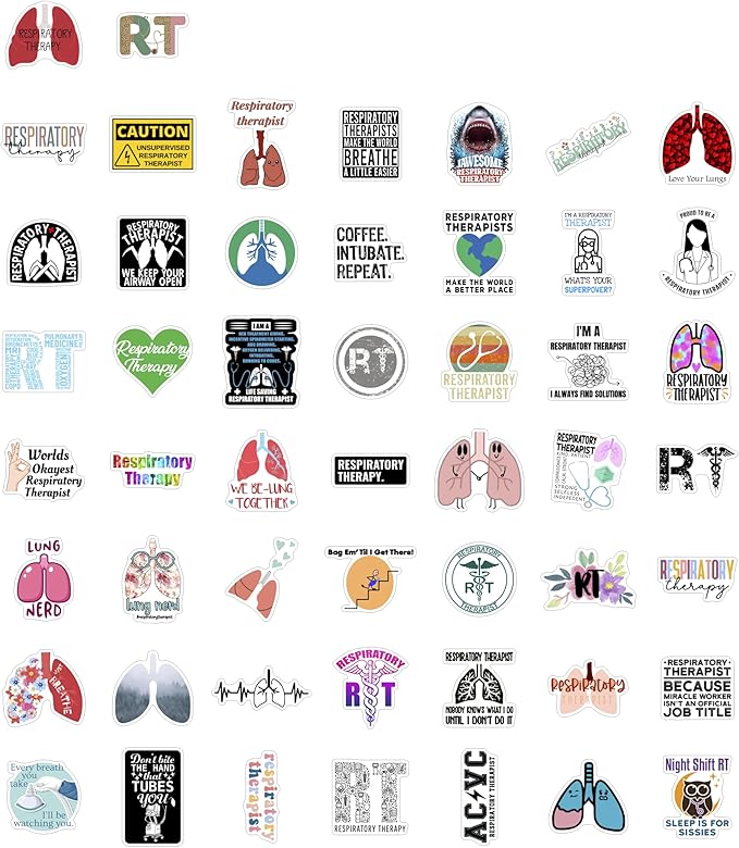 BulbaCraft 100Pcs Respiratory Therapist Stickers, RT Sticker for Water Bottle and Laptop - Respiratory Therapy Party Supplies & Decorations, Lung Waterproof Vinyl Medical Decals, Gifts for Women & Men