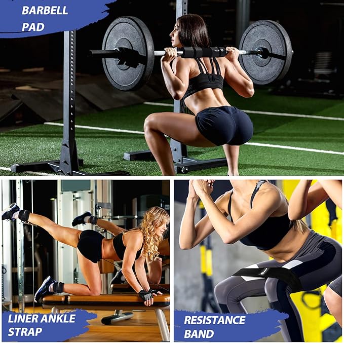 Barbell Pad Set for Squats, Lunges and Hip Thrusts, Neck & Shoulder Protective Pad, Standard Olympic Bars with 2 Gym Ankle Straps, Hip Resistance Band, Barbell Pad, Carry Bag