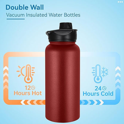 VEGOND 32 oz Insulated Water Bottle Bulk Stainless Steel Metal Water Bottles with Leak Proof Straw Lid & Spout Lid, Wide Mouth Double Walled Vacuum Travel Sports Bottle, Red 4 Pack