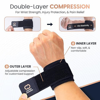 Copper Compression Wrist Wraps (2 Pack) – Adjustable Copper Infused Wrist Support for Weightlifting, Workouts, Injury Recovery, Carpal Tunnel, Tendonitis, and Pain Relief – Breathable and Comfortable Straps
