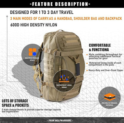 Travel Duffle Bag Backpack for Men - Large Tactical Bags Weekender Gym Bag for Overnight Traveling Military Workout Deployment Sports (Coyote, 80L)