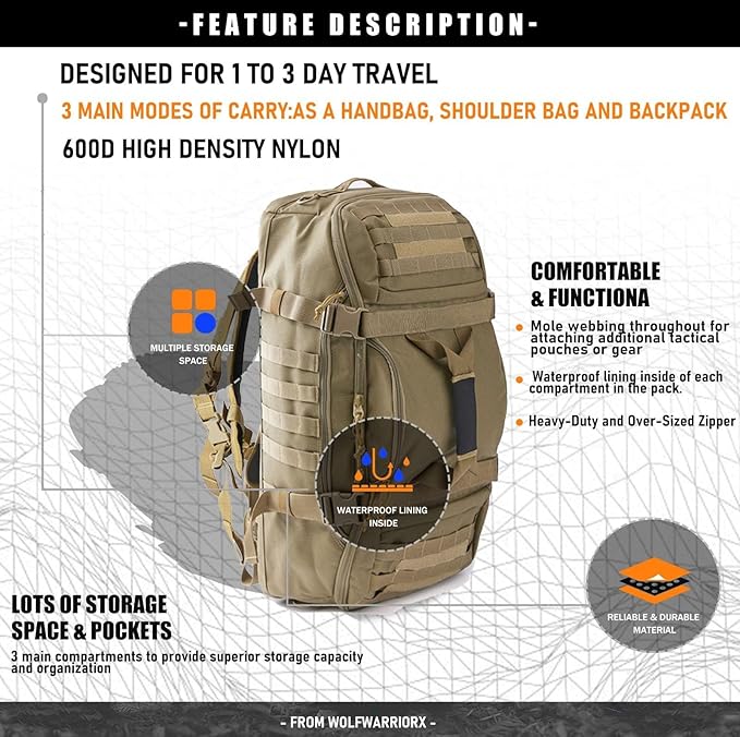 Travel Duffle Bag Backpack for Men - Large Tactical Bags Weekender Gym Bag for Overnight Traveling Military Workout Deployment Sports (Coyote, 45L)