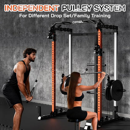 Power Cage, Power Rack with Dual Pulley System, Multi-Function Squat Rack with Cable Crossover, Home Gym Workout Machine