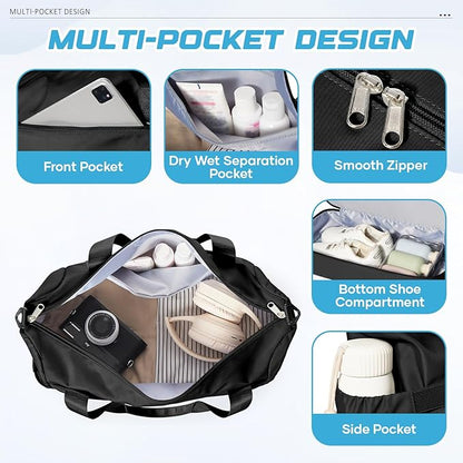 Small Black Gym Duffle Bag for Women Men with Shoe Compartment, Mini Cute Weekender Handbag Carry on Travel Bag for Airplane, Water Resistant Sports Yoga Tote Bag with Dry Wet Separated Pocket.