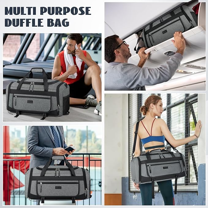 IGOLUMON Gym Bag for Men 40L Sports Duffel Bags Gym Duffle Bag Women with Shoe Compartment & Wet Pocket Water Resistant Travel Duffel Bag Lightweight Weekender Overnight Bag Gray
