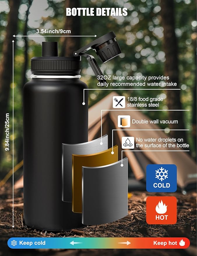 Tactical Water Bottle with Straw, 32 Oz Insulated Water Jug with Molle Water Bottle Holder, Stainless Steel Sport Bottle with 2 BPA Free Lids for Gym Workout Hiking (Black)