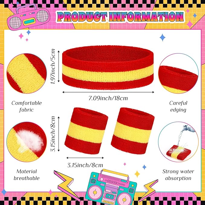 3 Pack Neon Sweatbands Set 80s Wristband and Headband Color War Accessories Sports Sweatbands for Summer Ball Party