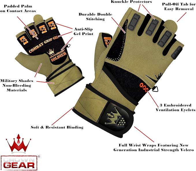 Crown Gear Weightlifting Gloves for Crossfit Workout Training - Fitness Gym Bodybuilding Gloves for Men or Women - Best for Heavy Weight Lifting Exercise Integrated Full Wrist Support Wraps