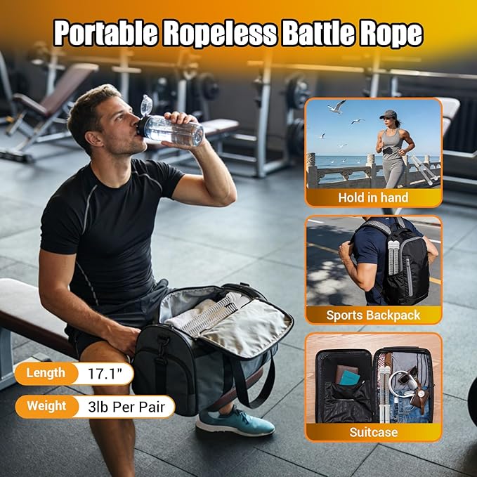 Portable Ropeless Battle Ropes, Adjustable Weights Cordless Battle Ropes for Home Gym with Storage Bag, Weighted Exercise Equipment for Low-Impact Workout, Strength & HIIT, for Men & Women (Gray)