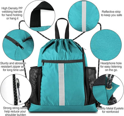 BeeGreen Teal String Backpack Bag Cinch Sack with Shoe Compartment and Two Zipper Pockets and Two Side Mesh Pockets Lightweight Large Drawstring Gym Sackpack for Men and Women