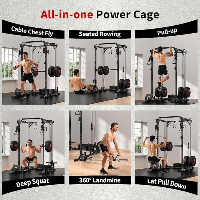 JEEKEE Power Cage with Cable Crossover System, 2000LB Multi-Function Power Rack with Independent Dual Pulleys, LAT Pulldown Seat Cushion, 20+ Attachments Squat Rack for Home Gym Workout