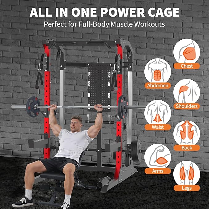 Power Cage, 2000LB Power Rack with Independent Dual Pulley System, Multi-Function Home Gym Workout Machine for Stability & Strength Training