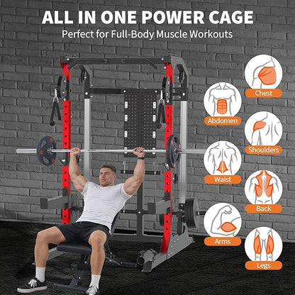 Power Cage, 2000LB Power Rack with Independent Dual Pulley System, Multi-Function Home Gym Workout Machine for Stability & Strength Training