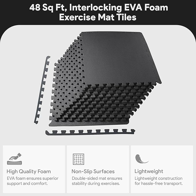BalanceFrom Puzzle Exercise Mat 1/2" Thick, EVA Interlocking Foam Floor Tiles for Home Gym, Mat for Home Workout Equipment, Floor Padding for Kids, Multiple Sizes and Colors