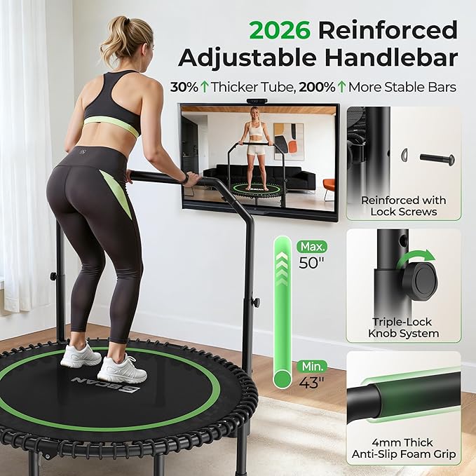 BCAN BT2 450/550LBS Mini Rebounder Trampoline for Adults with Bar, Fitness Trampoline with Bungees, Adjustable Handle, Stable & Quiet, Indoor Outdoor, Whole-Body Workout & Relaxation at Home-40IN/48IN