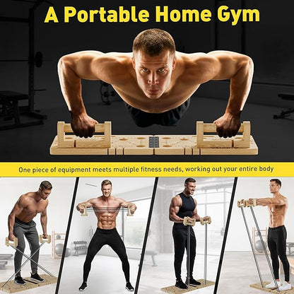 Push Up Board 30 in 1 Foldable with Resistance Bands - Thickened Pine Wood Multi-Push Up Board for Men & Women, Portable Gym/Home Workout Gear for Chest, Shoulders, Arms & Back