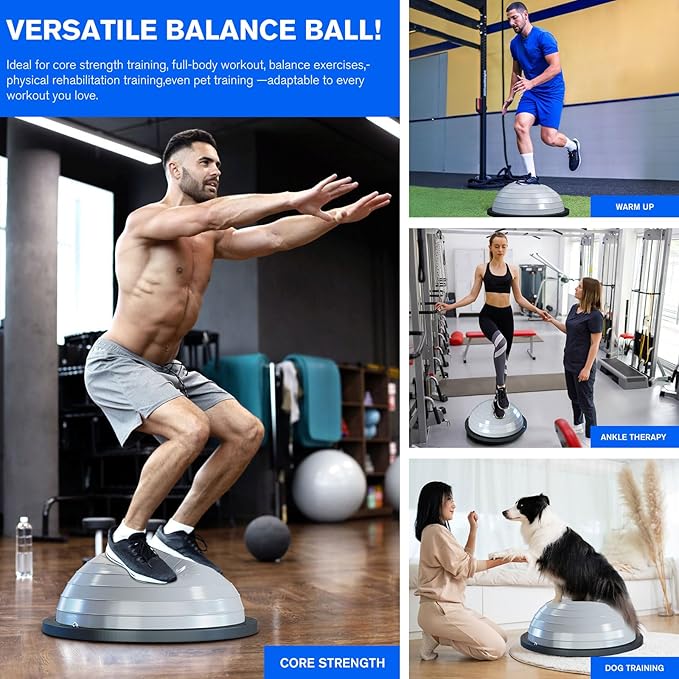 Half Balance Ball Trainer - 23 Inch Half Exercise Ball for Workout, Physical Therapy, Yoga, Home Gym, Core Strength, Stability, Fitness, Balance Training Equipment with Resistance Bands, Foot Pump