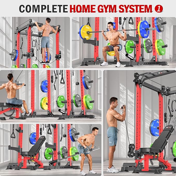 Power Cage Multi-Function Power Rack with Cable Crossover System,1800 LBS Capacity Squat Rack with Weight Bench,for Home Gym