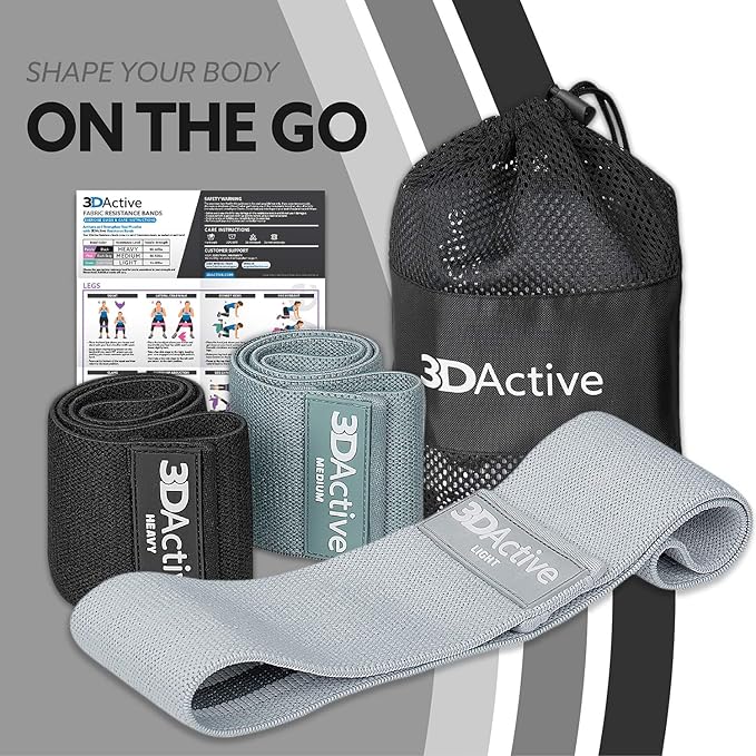 3DActive Fabric Resistance Bands for Legs & Butt. Wide Non-Slip Hip Band Set for Home & Gym Workouts. Exercise Guide & Carry Bag Included.