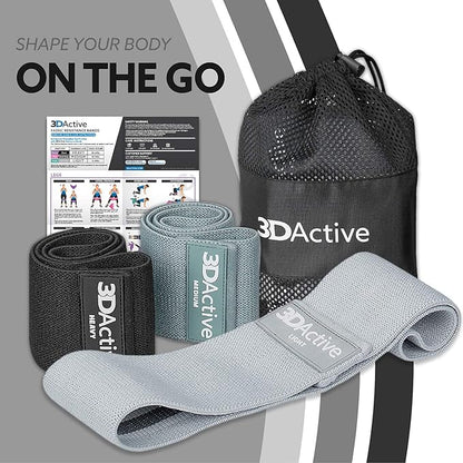 3DActive Fabric Resistance Bands for Legs & Butt. Wide Non-Slip Hip Band Set for Home & Gym Workouts. Exercise Guide & Carry Bag Included.