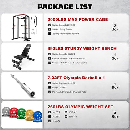 S11 Power Cage, 2000LB Multi-Function Power Rack with LAT Pulldown, Squat Rack with Adjustable Pulley System and Training Attachments, Weight Rack for Home Gym
