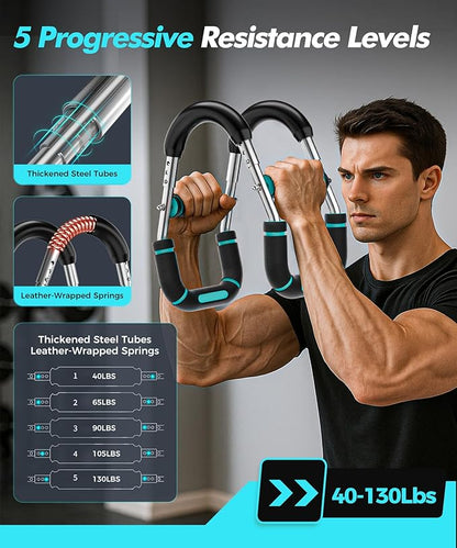 Twister Arm Trainer, Chest Workout Equipment for Men & Women Adjustable 5 Resistance Levels (40-130 lbs), Ergonomic Home Gym Strength Trainer with Anti-Slip Handles & Carry Bag