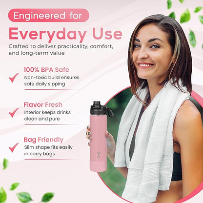 Y TOP 24oz Insulated Water Bottle Leak Proof Spout Lid Fits in Car Cup Holder – Double Wall Dishwasher Safe Easy Clean stainless steel drinking water bottle for Gym Kids Sports Travel Hiking School