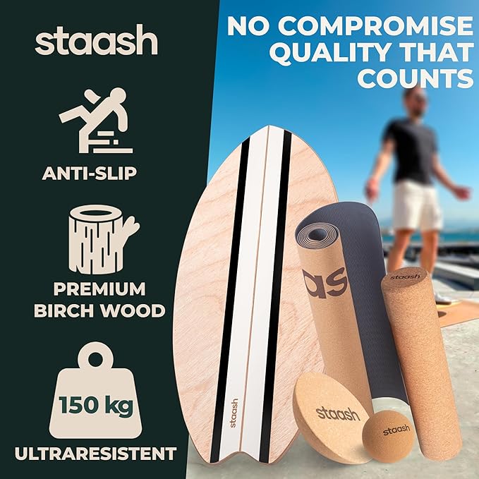 STAASH® Balance Board – Starter (Board + Roller) or Full Kit (w/Mat, Ball & Disc) – Core Balance Trainer for Fitness, Rehab, Surf – Free Coaching Videos