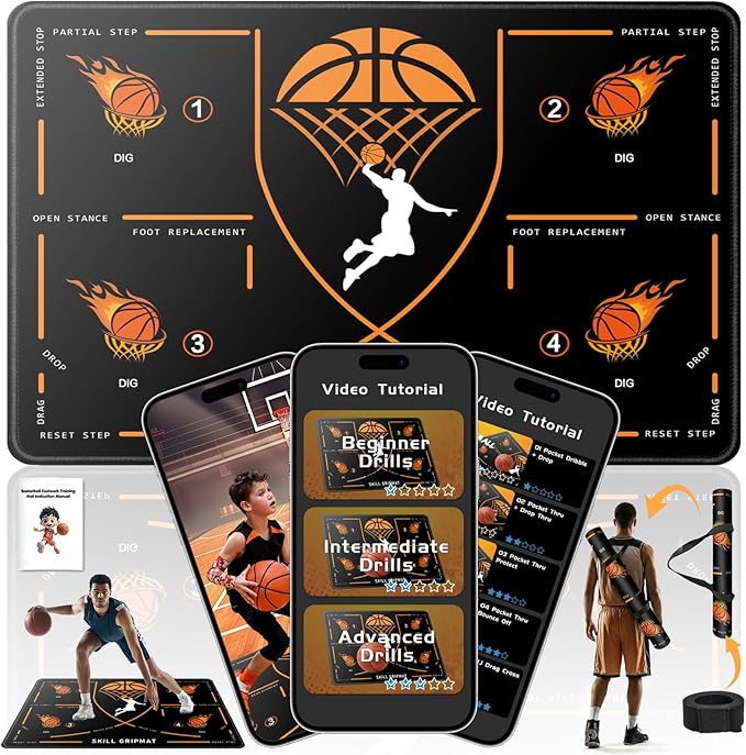 Portable Basketball Footwork Training Mat, Agility Footstep Training Mat, Basketball Pads for Training All Levels, Non-Slip Silent Equipment for All Ages to Improve Speed, Strength and Coordination