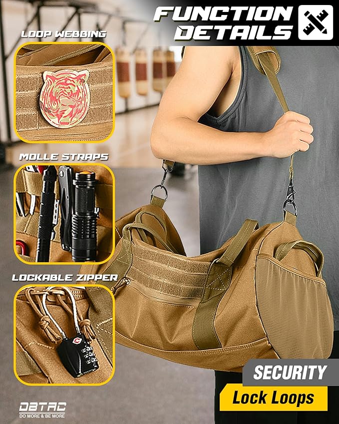 DBTAC 40L Tactical Gym Bag for Men | Military Heavy Duty Duffle Bag with Adjustable Strap for Gym Workout Fitness, Basketball Soccer Sport Training & Weekend Travel, Brown