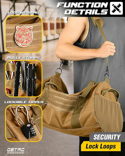 DBTAC 40L Tactical Gym Bag for Men | Military Heavy Duty Duffle Bag with Adjustable Strap for Gym Workout Fitness, Basketball Soccer Sport Training & Weekend Travel, Brown