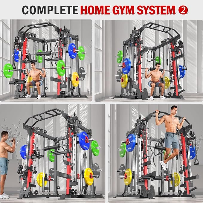 Smith Machine with Cable Crossover System, Multi-Function Squat Rack Power Cage for Home Gym, Power Rack and Packages Weight Sets