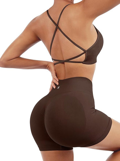 SUUKSESS Women Seamless Workout Sets Strappy Sports Bra High Waist Booty Shorts Outfits